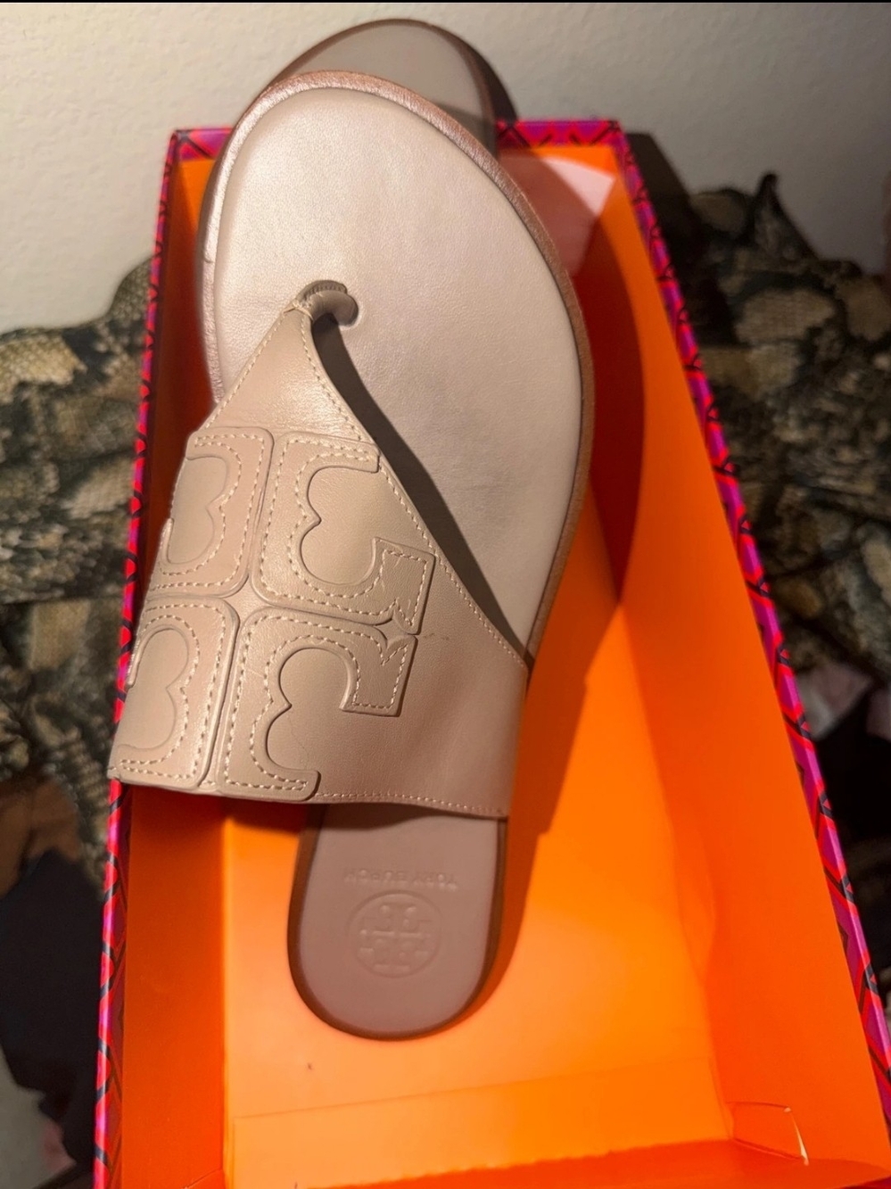 Tory Burch Beige Leather Toe-Loop Slide Sandal US6
